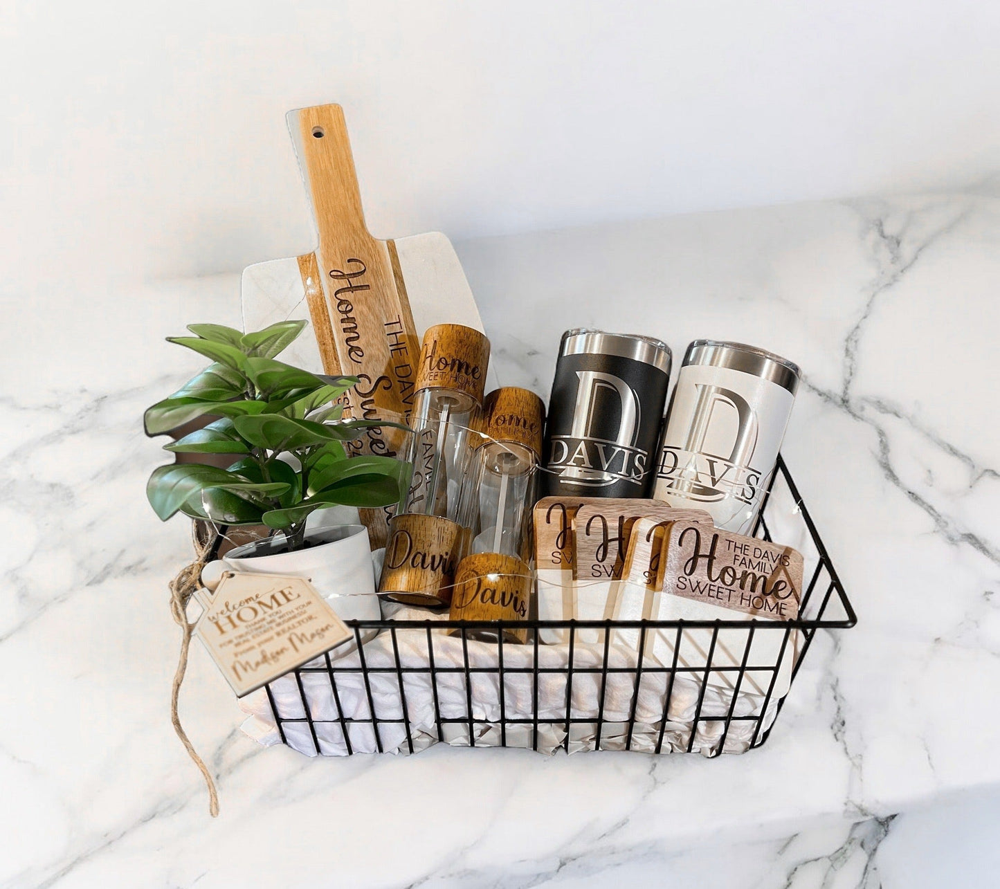 Gift Basket with Cutting Board, Coasters, Salt & Pepper set and 2 tumblers